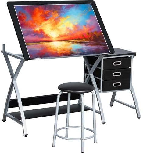 Yaheetech Adjustable Height Drawing Table, Artist Drafting Table with Tiltable Tabletop, Art Craft Desk for Artwork, Graphic Design, Reading