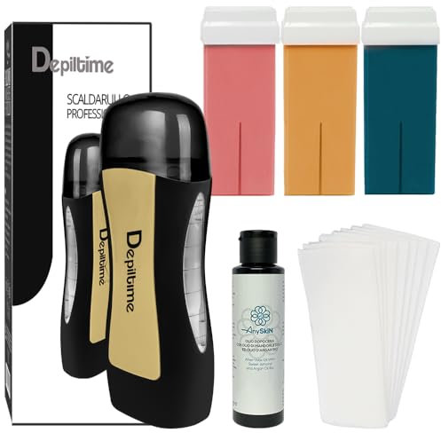 Anyskin Kit Scaldacera Rullo Professionale - Contiene 3 Ricarica Ceretta Rullo Liposolubile Aloe, Rosa e Argan + Anyskin Olio Dopocera 100ml e Strisce Depilatorie Tnt 100pz