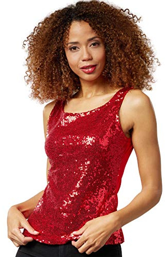 dressforfun 901014 dam paljetttopp, glitter gnistrande axelbandströja, röd – olika storlekar – (XXL | nr 303765)