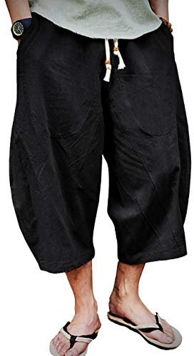 EKLENTSON Mens Beach Pants Elastic Waist Drawstring Capri Shorts Loos Fit Baggy Summer Cotton Linen Pants Men, Black, 38