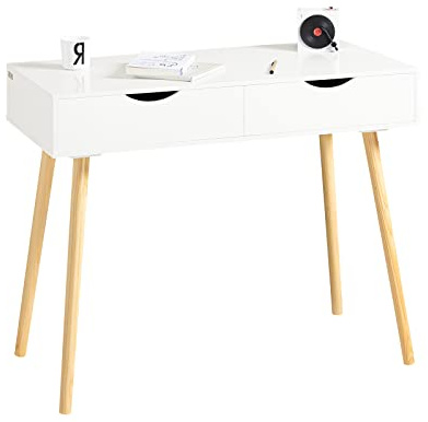 SoBuy Scrivania con 2 cassetti, Gambe in Legno di Pino, Scrivania Ufficio Compatta, Tavolo da Lavoro per Studio Cameretta e Camera da Letto, L90*P45*A77cm, FWT40-WN