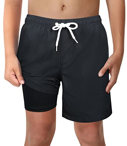 Boys Black Swim Trunks with Boxer Brief Liner Anti Chafe No Mesh Swimming Shorts Compression Lined 4-Way Stretchy UPF Quick Dry Swimsuit Size 14-16 Large