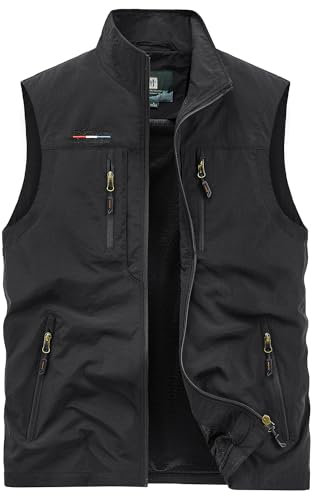 Oralidera Herren Outdoor Weste mit Vielen Taschen Anglerweste Safariweste Jagdweste Multifunktionsweste Freizeit Ärmellose Jacke Leicht Sommer Weste, Schwarz, L