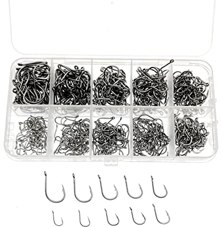 JZK Lot de 600 hameçons de pêche en acier au carbone avec œillets, tailles assorties 3, 4, 5, 6, 7, 8, 9, 10, 11, 12, petits hameçons avec ardillon et boîte en plastique
