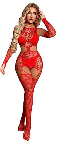 V-Ting - Bodystocking rosso sexy da donna, catsuit in rete, lingerie, abito intero, intimo, calze a rete, abito da notte, set di biancheria intima ouvert