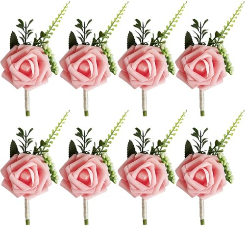 TTBDDM 8-delad bröllopsknapphålsblomma, ros-stift, rosa, för brud, brudgum, brudtärnor, brudgum, brudgummar, gäster, konstgjord växt, inomhus, tillbehör