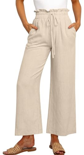 Cindeyar Leinenhose Damen Hosen Sommer Casual Leichte Palazzo Hohe Taille Einfarbig Leinen Freizeithose Sommerhose Mit Taschen und Tunnelzug (Khaki, XXL)