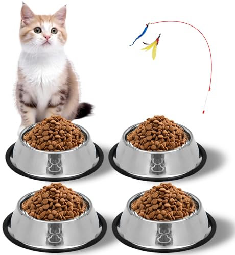 KatzenschüSsel 4er Set, Katzennäpfe, Katzennapf, Futternapf Edelstahl Katze, Katzen Napf, Fressnäpfe für Katzen Und Kleine Hundetiere (Silberner)