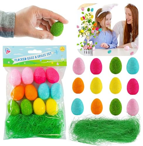 Lot de 12 œufs de Pâques floqué - 4 cm - Œufs en mousse avec herbe verte - 15 g - Accessoire photo, décorations de Pâques - Nid d'oiseau de jardin