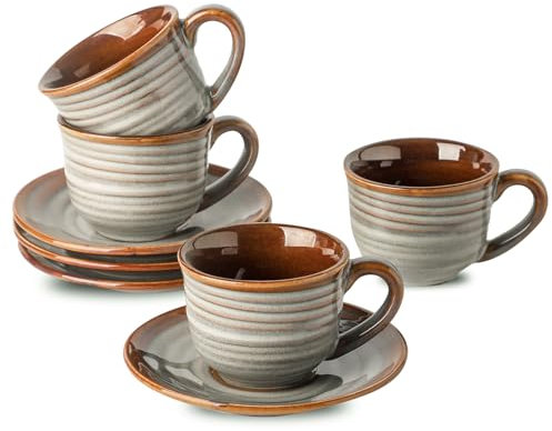 Tikooere Ceramic Espresso Cups with Saucers 5 Oz,Set of 4 Porcelain Demitasse Cups Set,Small Coffee Cups with Handle for Coffee,Tea,Latte and Macchiato,Cappuccino Mugs for Kitchen and Cafe,Brown