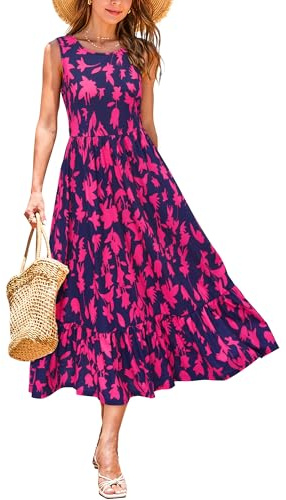 STYLEWORD Women's Summer Dress Sleeveless Floral Midi Dresses Ladies A Line Swing Casual Sundress with Pockets, XL