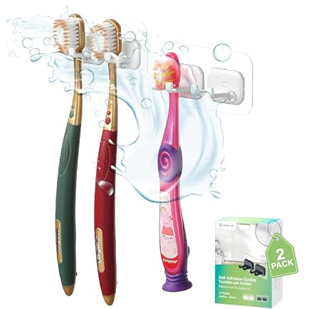 Hook LAB Self-Adhesive Double Toothbrush Holder, 2-Pack, Removable & Reusable Wall-Mounted Storage Organizer, for Bathroom & Kitchen Accessories - White
