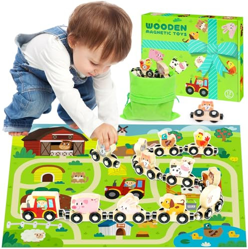 Toys for 1 2 3 4 Year Old Boy Gifts: Toddler Montessori Toys Magnetic Wooden Train Set for Boys Girls Age 2 3 4 Educational Toy Gift for Kid Farm Animals Track Mat Set Birthday Presents for Toddlers