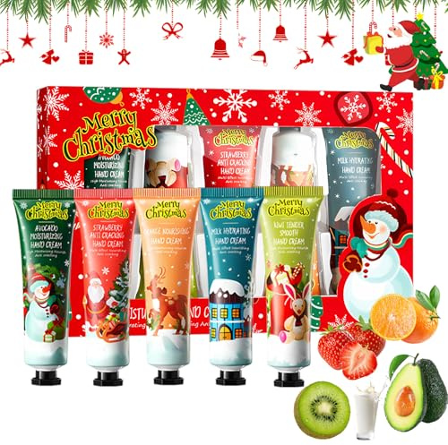 Weihnachtliches Handcreme Geschenkset – 5×30 ml Handpflegecremes (Avocado, Orange, Milk, Kiwi, Strawberry), Feuchtigkeitspflege für trockene Hände, Weihnachtsgeschenkset für Frauen/Damen/Mama/Männer