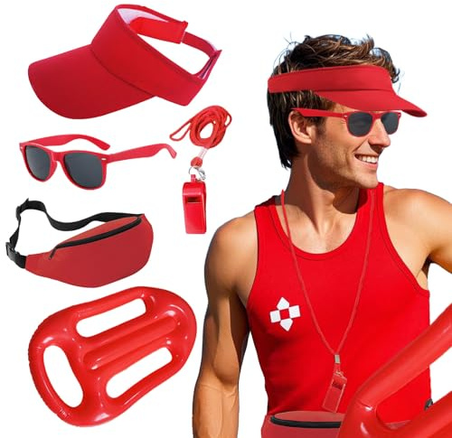Lifeguard karneval kostym röd livräddare kostym set vuxen med visir justerbar solskydd hatt solglasögon sportrör boj livräddningsring badmästare för karneval halloween (5)