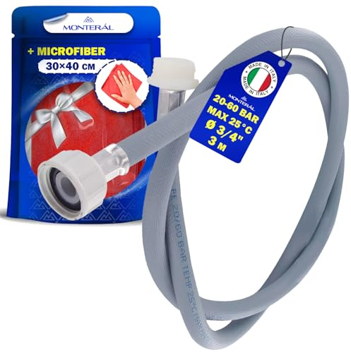 Rallonge Tuyau Machine à Laver et Lave Vaisselle 3 m pour Arrivee Deau 25°C de 20 à 60 Bar Connexion Ø 3/4 - Complet avec Chiffon Microfibre - MADE IN ITALY - MONTERAL