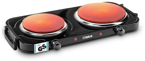 Iskra® elektrische Herdplatte 2 Kochfelder - Doppelkochplatte elektrisch - Überhitzungsschutz & 5-Stufen Thermostat - Tragegriff - Gussheizplatte - 2500W
