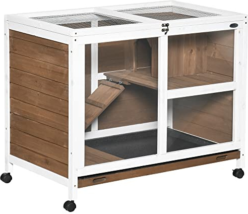 PawHut Conigliera in Legno a 2 Livelli con Casetta per Conigli e Porcellini d'India, Gabbia per Conigli con Rampa e Vassoio Estraibile, 91.5x53.3x73cm, Marrone