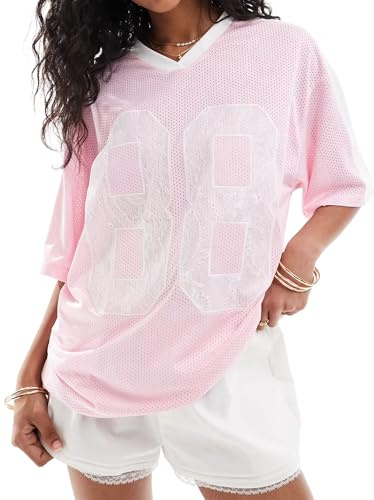 Felcia Womens Oversized Jersey Shirts Y2k Number Graphic Print Short Sleeve Aesthetic Summer T-Shirt Streetwear (A-Pink, S)
