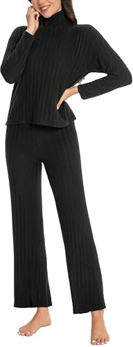 Nutria Conjunto de pijama para mujer a rayas, microforro polar, manga larga, pijama con cuello alto, ropa de dormir suave para mujer, ropa de dormir elástica para otoño e invierno, ropa interior y