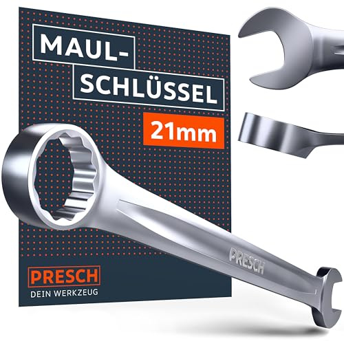 PRESCH Maulschlüssel 21mm - Extrem passgenauer Schraubenschlüssel - Ringmaulschlüssel 15° abgewinkelt für Arbeiten an beengten Stellen - Robuster, präzisionsgefertigter Ringschlüssel