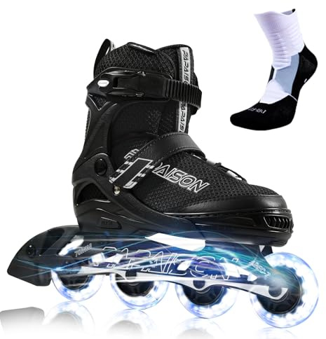 PAPAISON Adjustable Inline Skates for Kids and Adults with Full Light Up Wheels, Outdoor Roller Skates for Girls and Boys, Men and Women (Black, Large-Youth & Adult (5-8Women/4-7Kids Men))
