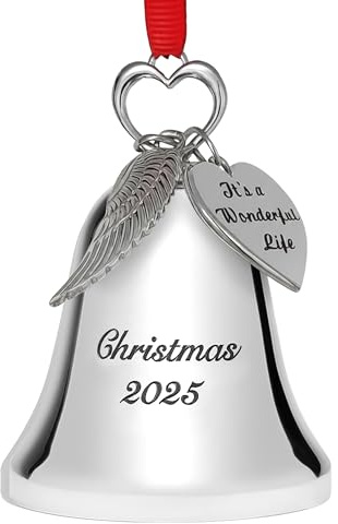 Silver Christmas Bell Ornament 2025 – Collectible Holiday Bell Engraved “Christmas 2025” with Angel Wing and “It’s A Wonderful Life” Tags – Movie Tribute Keepsake