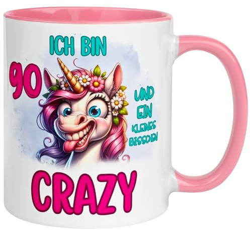 90 Geburtstag Frauen Geschenk Tasse | Ich bin 90 und kleines bisschen crazy | Lustige Geburtstagstasse mit Spruch 90. Geburtstag | 90ter Geburtstag - Witziges Geburtstagsgeschenk Frau
