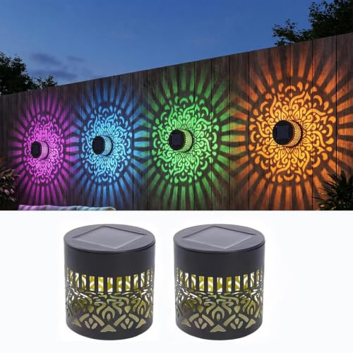 Xheemzce Solar Mandala Wall Lights, Seven‑Color Changing Outdoor Decorative Projection Lamp, Waterproof Metal Fence Light for Yard Garden Patio Backyard Post