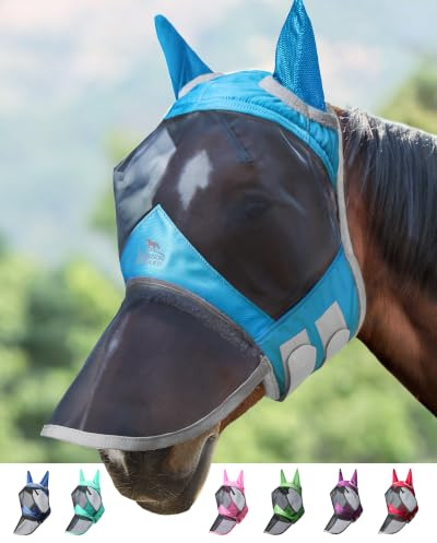 Harrison Howard CareMaster Pro Masque Anti-Mouches Lumineux pour Cheval Grand Espace pour Les Yeux avec Oreilles Protection UV pour Cheval Bleu Ciel Taille complète