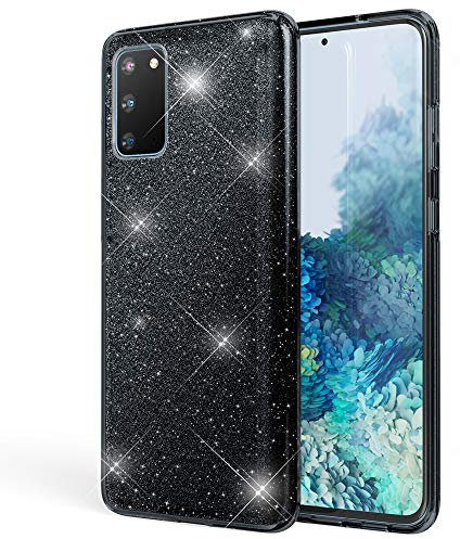 NALIA Glitter Case kompatibel mit Samsung Galaxy S20 Hülle, Diamant Schutzhülle Bling Cover Silikon Handyhülle Phone Etui, Strass Handy-Tasche Backcover Bumper Skin Glänzend, Farbe:Schwarz