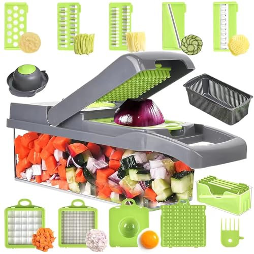 Multi-functional Veggie Chopper with 6 Stainless Steel Blades, 12 in 1 Mandoline Slicer, Ideal for Fruits/Vegetables/Salads (Grey)