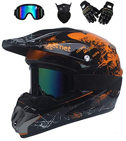 UIGJIOG Motocross Helmet, with Goggles Mask Gloves, Youth Kid Full-Face Off Road Motorcycle Crash Helmet, MTB BMX Downhill Quad Bike Enduro Racing Dirt Bike Helmet,Orange,XL(58~59cm)