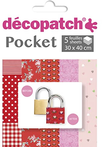 Décopatch - Ref DP028C - Pocket Papers - Pink & Red Designs - Contains 5 Complementary Sheets of Décopatch Paper, Each Sheet is 30 x 40cm, Small 13 x 9.5cm Pack Size