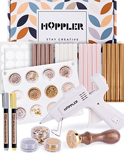 Hoppler Kit de sellado de cera premium con pistola de sellado, barras de cera, un sello de flor, molde de silicona de 12 cavidades y adiciones adicionales para hacer que los sellos destaquen y hacer