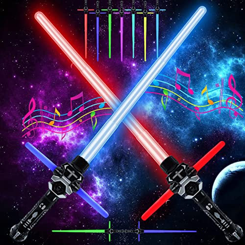 2 Piezas Sable de Luz,Espada Láser para Niños Espada Láser 2 En 1 Telescópica y Plegable,Star Wars Sable luz Espada Laser 7 Colores con Sonido para Navidad Halloween Regalos Cosplay