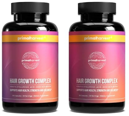 Primal Harvest Hair Growth Vitamins, 2 Pack - 120 Pills, Natural Hair Regrowth, Thickening, and Supplement for Men & Women with Biotin & Zinc