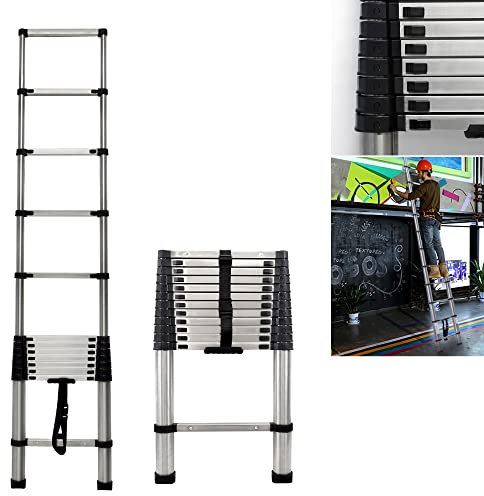 3.8m Safe Retraction Telescopic Ladder, Extendable Multi Purpose Ladder 150kg | Portable Loft Ladders Extension Ladder Straight Ladder