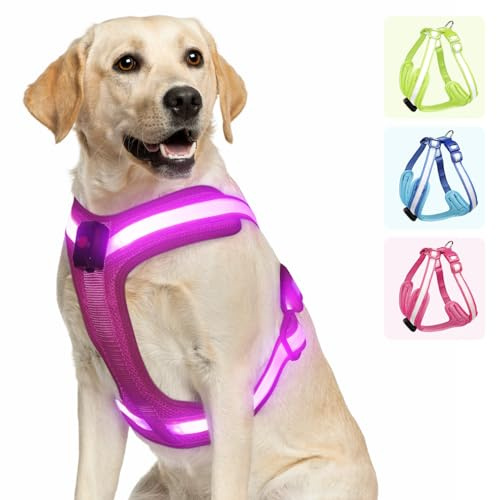PZRLit Light Up Dog Harness - LED Dog Harness Rechargeable, No Choke Illuminated Glow Dark Harness Vest Waterproof for Medium Large XL Dogs for Camping Night Safety Walking-Pink,M