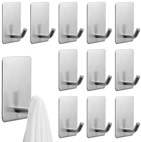 NAROSEBE 12 Pcs Ganchos Adhesivos para Pared Ganchos para Colgar Colgadores Adhesivos Resistentes Cuelga Toallas baño Adhesivo Ganchos Baño Acero Inoxidable Sin Taladro perchas Baño, Carga 3~4kg,Plata