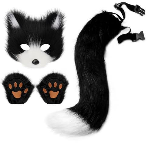 Adolala Faux Fur Fox Tail Cat Wolf Set Plush Mask Fluffy Paw Gloves Halloween Christmas Party for Women