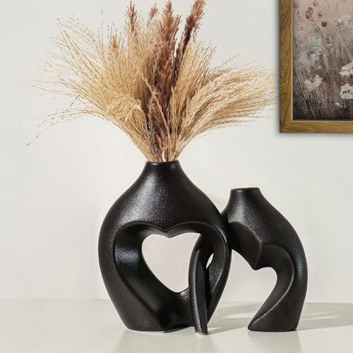 Dnnnii Black Ceramic Vase Set of 2 for Home Decor, Boho Round Centerpiece for Dining Room Table,Heart-Shaped Vases for Flowers,Living Room Table Decor with Pampas Grass Vases & Nordic Aesthetic Touch