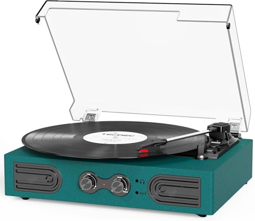 Vinyl Record Player with Built-in Speakers 3-Speed Vintage Record Player Support Treble& Bass Control, 3.5mm Headphone Jack, RCA-Out/Aux in, Belt-Driven LP Turntable,Dark Green