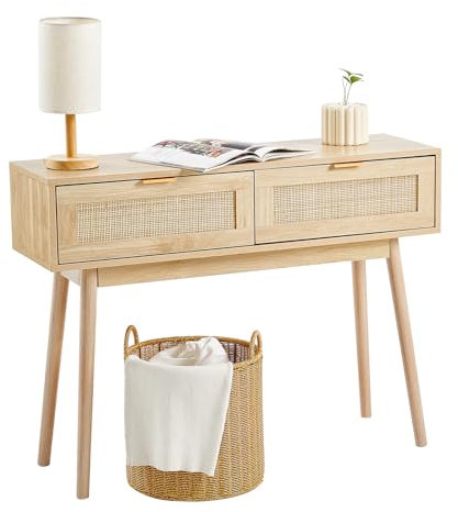 VEVOR Rattan-Konsolentisch mit 2 Schubladen, Rattan-Eingangstisch mit natürlicher Rattan-Schiebetür, Konsolen-Sofatisch für Wohnzimmer, Arbeitszimmer, Eingangsbereich oder Fernsehwand, Natur