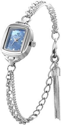 Womens Dainty Silver Gold Rectangle Pearl Dial Tassel Chain Ultra Thin Waterproof Quartz Watch Ladies Dress Casual Elegant Analog Wristwatch Bracelet (Silver Blue)