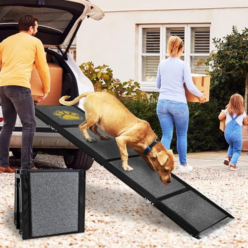DOKKOME Hunderampe Auto 160cm Klappbar Hunde Treppe für Große Hunde kletterleiter Auto mit Rutschfester Teppich Car Rampe Haustier Stabile Hundetreppe Auto SUV rutschfest Hunderampe Dog Stair 160X44CM
