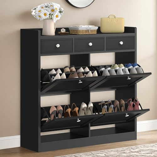 YITAHOME Schuhschrank, Schuhregal Schuhkipper Schmal, Schuhschrank schwarz mit 4 Klappen, Shoe Cabinet Schuhkommode Schuhschranks mit Schublade für Eingangsbereich, Flur (schwarz)