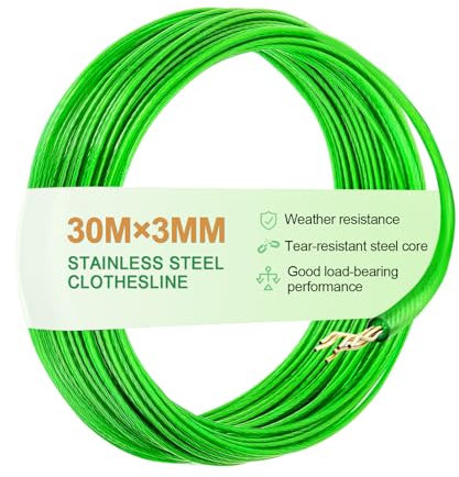 OAKENCREST Stendibiancheria 30 m, Filo Stendibiancheria per Esterno da 3 mm, Filo per Bucato con Anima in Acciaio, Corda per Stendere i Panni Estern, Capacità di Carico 220 kg, Per Giardino, Campeggio