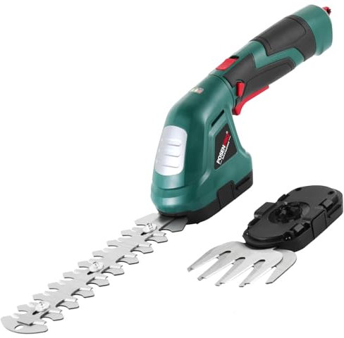 POSENPRO Tijeras Cortacésped y Arreglasetos 7,2V, Tijeras de podar eléctricas 2 en 1, Cortasetos a Batería 1,5 Ah, Empuñadura giratoria 180°, 2 Cuchillas, Ancho de Corte 100 mm, Largo de Corte 200 mm