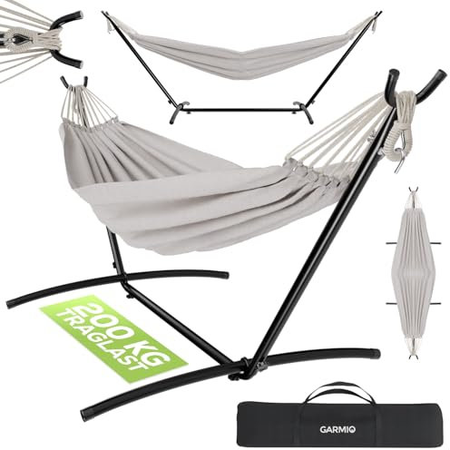GARMIO® Hängematte beige mit Stahlgestell 270 x 110 x 105 cm, 200 kg Tragkraft, klappbar, pflegeleicht, inkl. Zubehör & Tragetasche für Garten & Balkon
